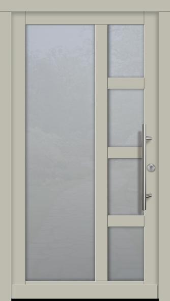 PaX Holz-Haustüren-Aktion 2022 AH 94409 | Edelstahl-Stangengriff 600 mm mit schrägen Stützen | Rundrosette | Seidengrau RAL 7044 | matt |Ornamentglas Satinato | glasteilende Sprossen 78 mm