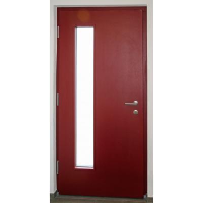 Holzhaustür in rot mit lichtausschnitt in Innenansicht 